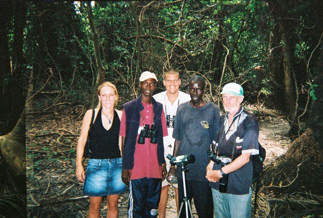 Gambian, Dutch, American, and Irish birders in Abuko Nature Reserve