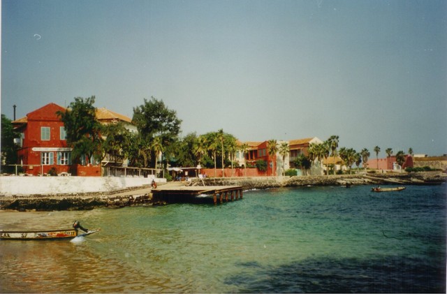 Lagoon and portuguese colonial houses at notorious Goree Island